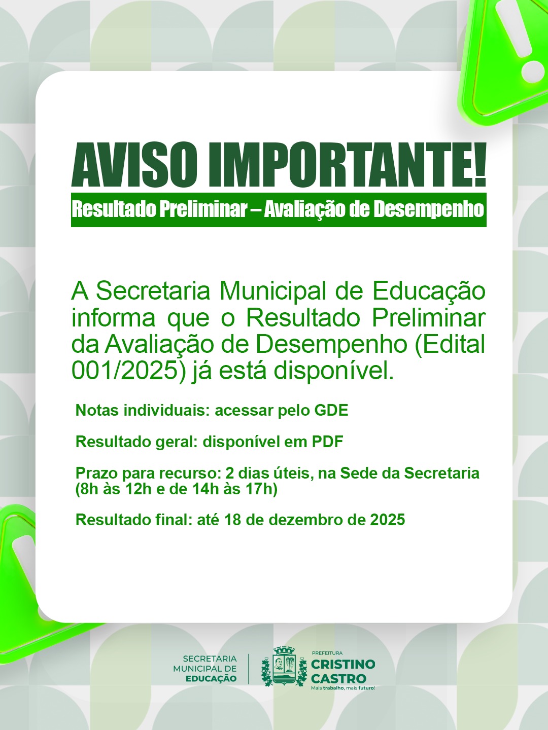 AVISO IMPORTANTE – RESULTADO PRELIMINAR DA AVALIAÇÃO DE DESEMPENHO