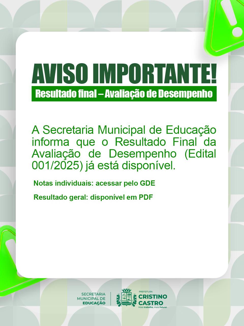 AVISO IMPORTANTE – RESULTADO FINAL DA AVALIAÇÃO DE DESEMPENHO