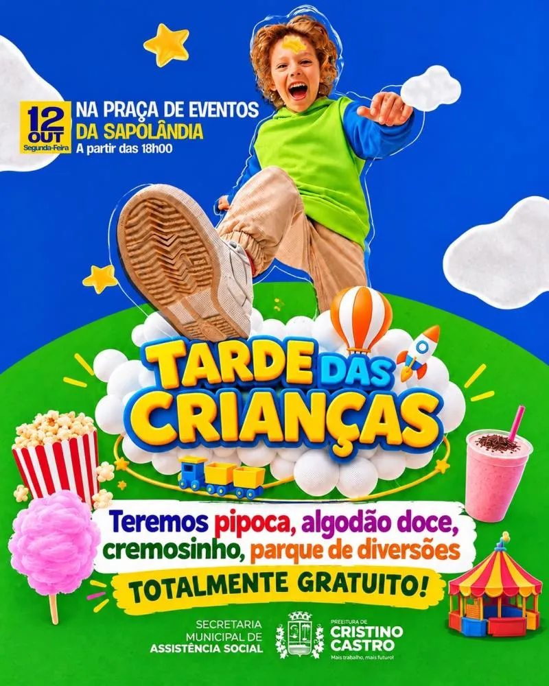 Prefeitura de Cristino Castro realiza Tarde das Crianças nesta segunda-feira (12)